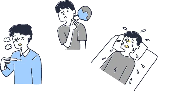 リンパ腫の症状(発熱、リンパ節の腫れ、寝汗)を表したイラスト