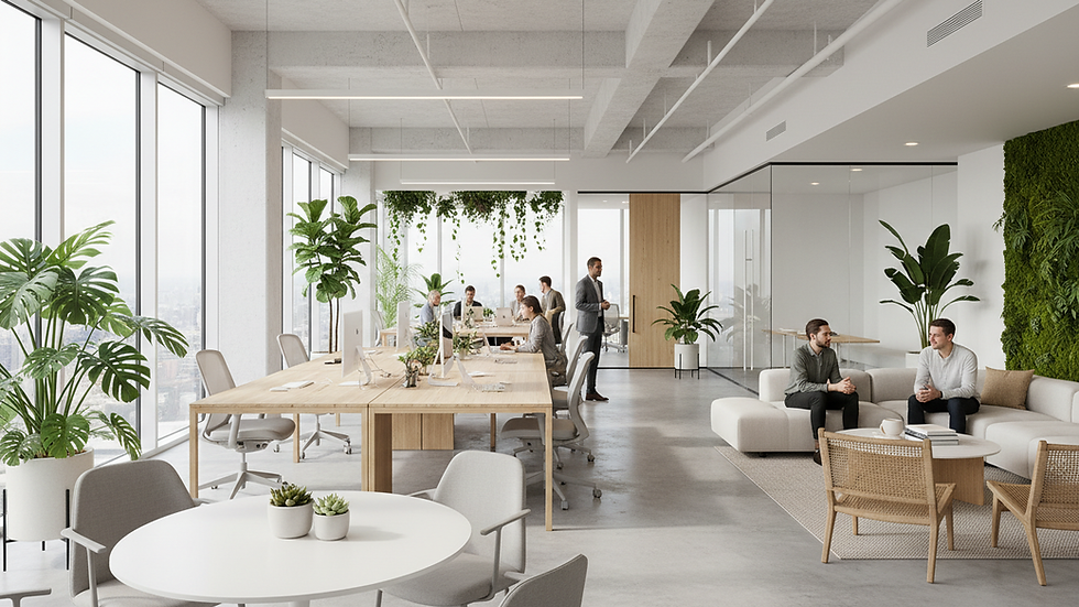 Eye-level view of a modern office space with plants and natural light