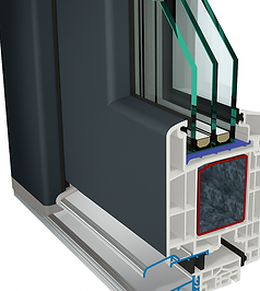 3D-rendered image of a dark window profile with a triple-glazed unit on a white background