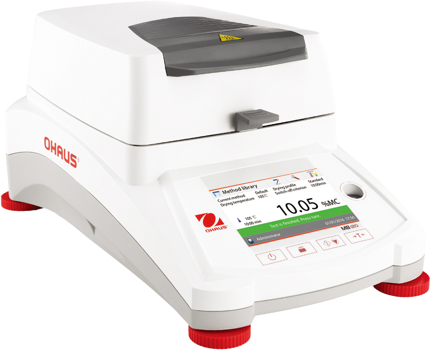 Analizador de humedad MB120 color blanco con detalles en rojo sobre fondo blanco de laboratorio con detalles en color negro y pantalla tactil de 4,3 pulgadas