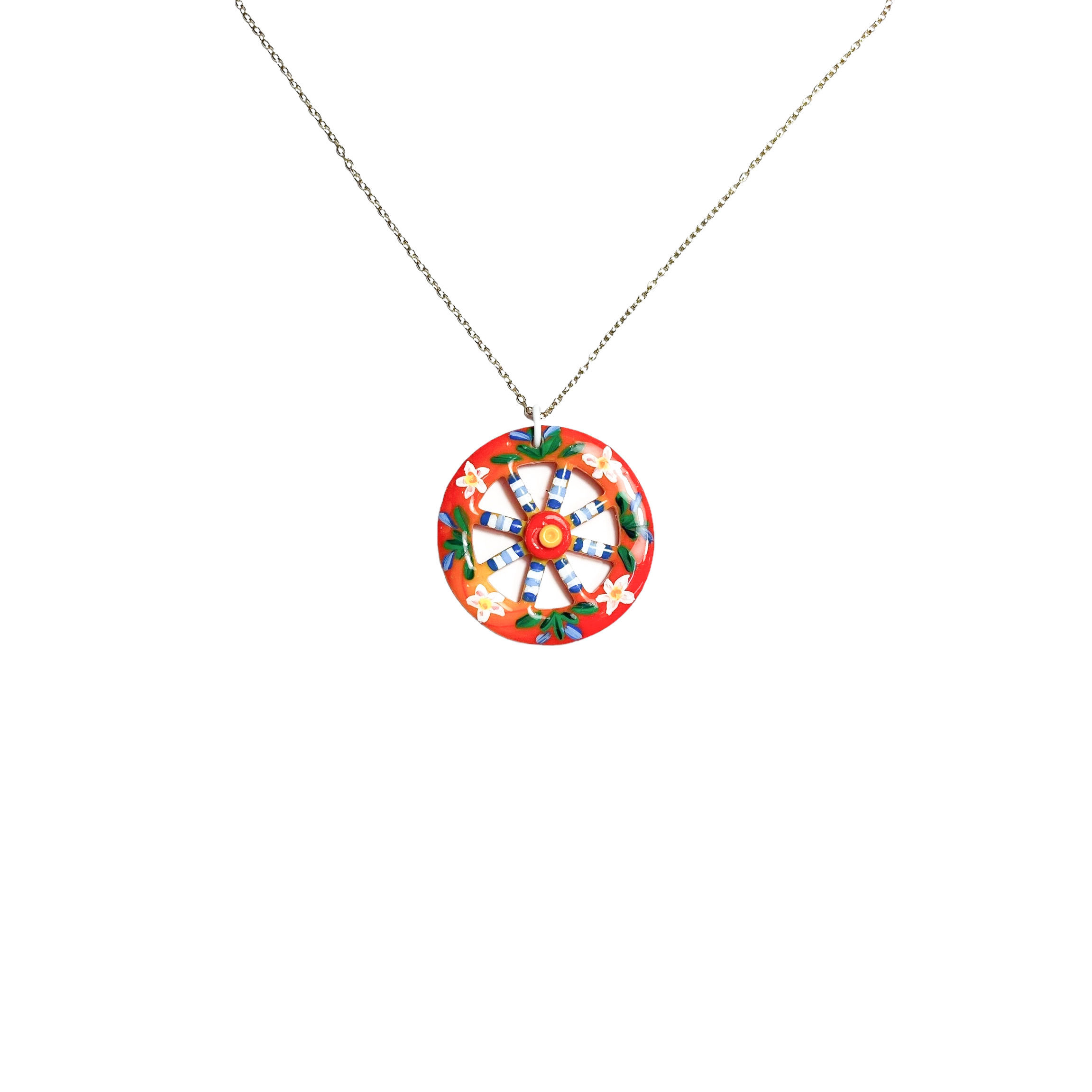 Collana con ruota di carretto siciliano rossa con fiori di zagara