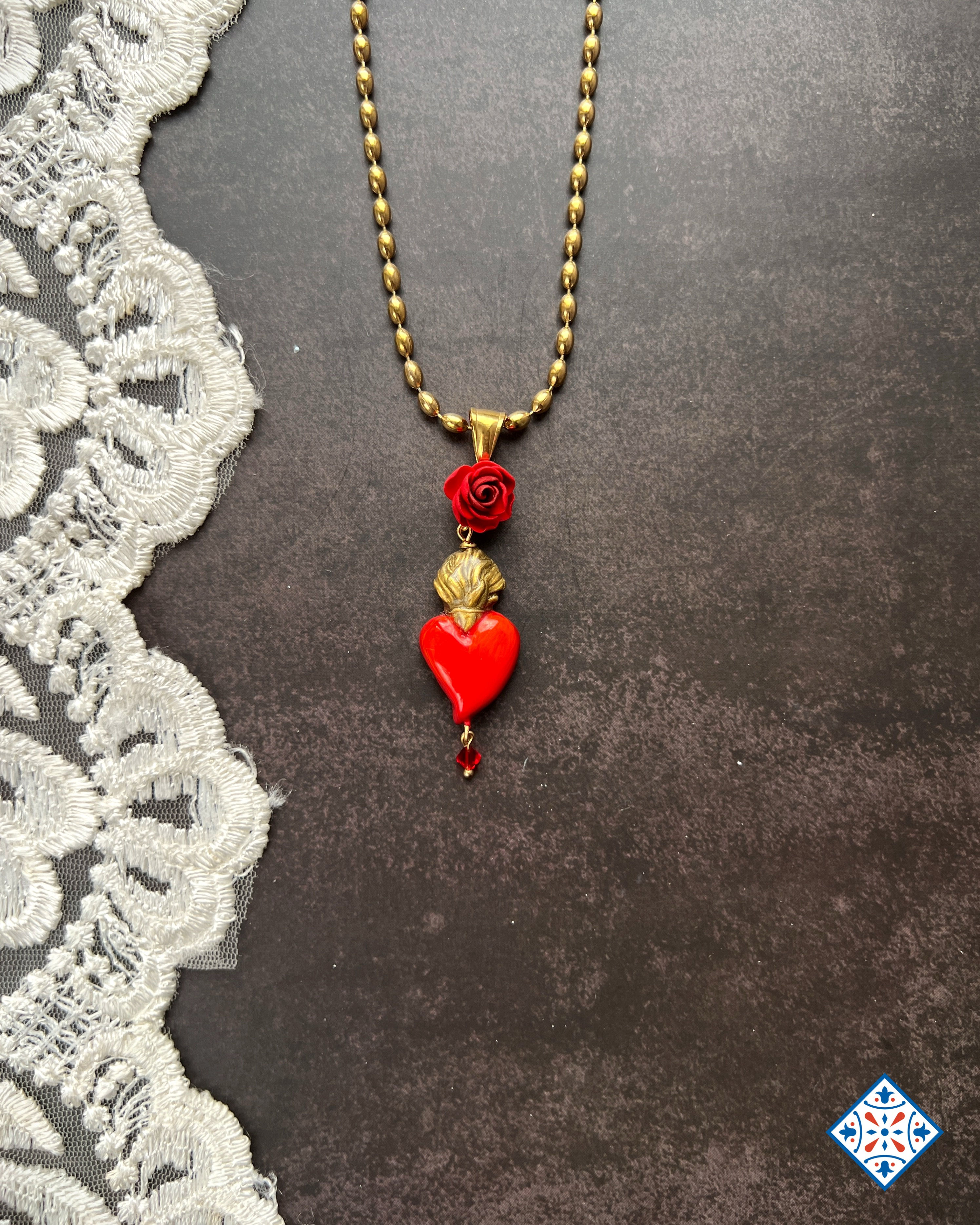 Collana con cuore sacro EX voto e rosa rossa