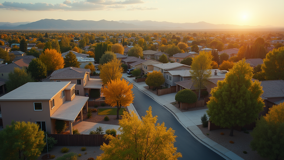 High angle view of a cozy Albuquerque neighborhood with homes and trees