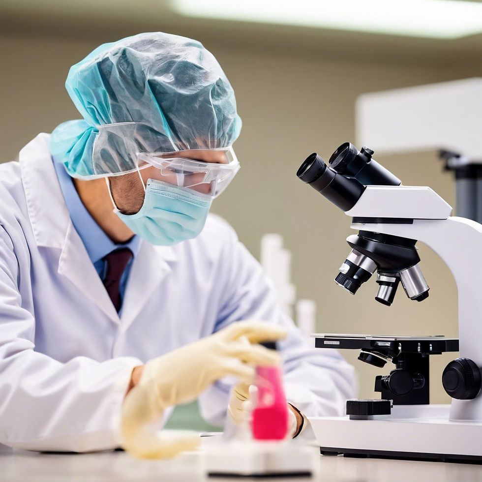 image of a male laboratory technician wearing a mask, gloves and protective cap while anal