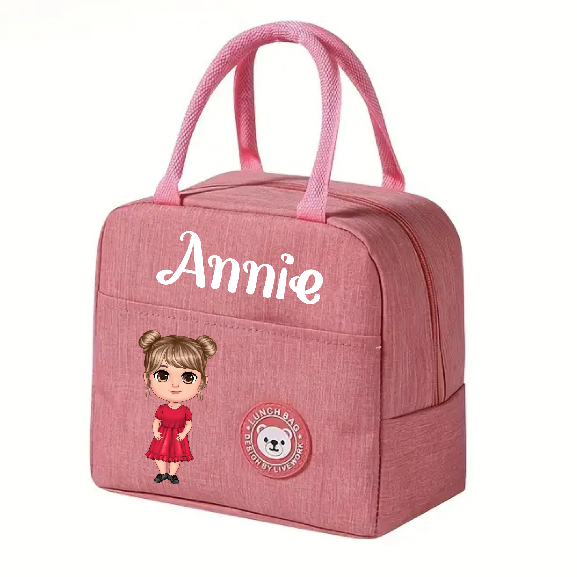 Personalised Character and Name Pink Insulated Lunch Bag