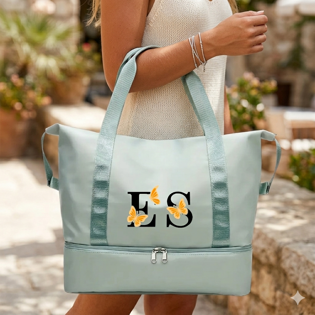 Green Personalised Custom Large Zipped Monogram Bag with Butterflies
