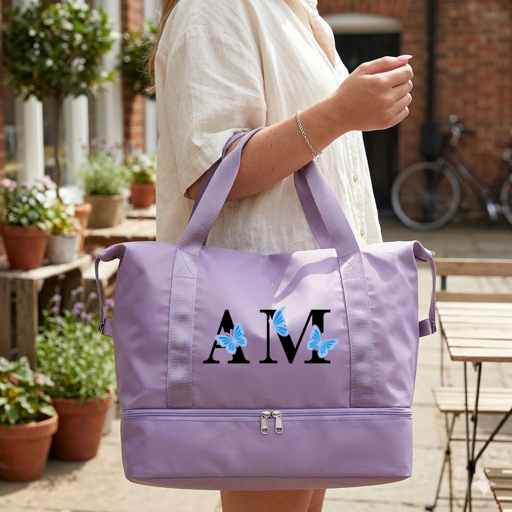 Lilac Personalised Custom Large Zipped Monogram Bag with Butterflies