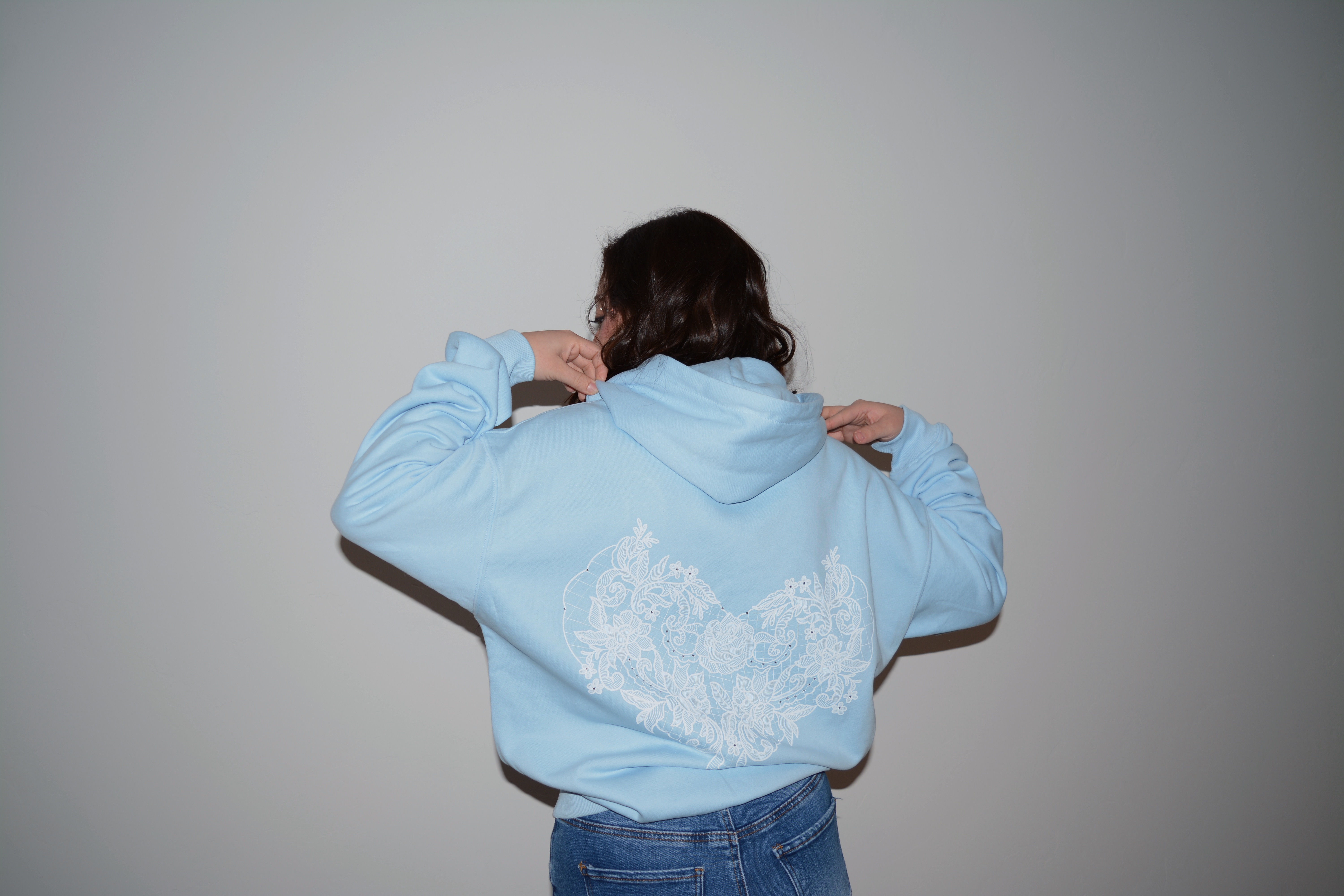 Sky blue heavyweight rhinestone "laced heart" hoodie