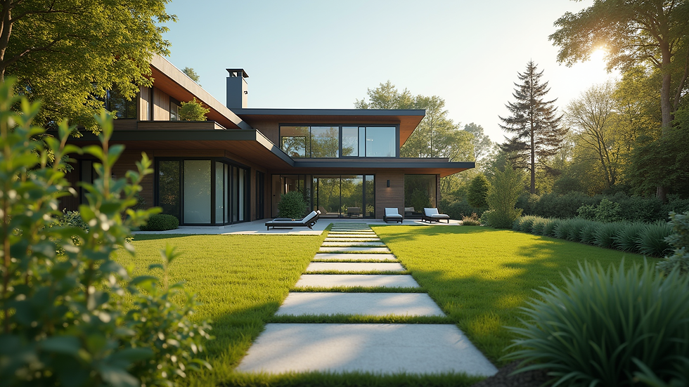 Eye-level view of a modern home with a well-maintained garden