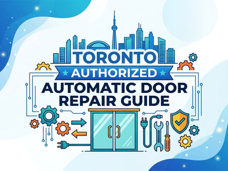 glass door with gears and aformation signes Toronto skyline on the top