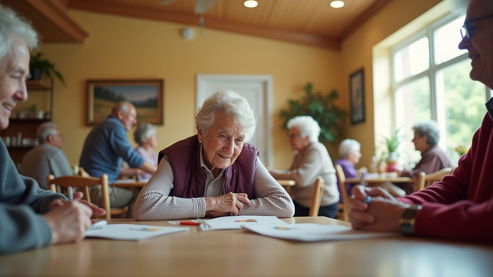 Eye-level view of a cozy community center with seniors engaging in activities