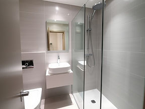 minimalist bathroo with shower floating shelf for basin wall hung toilet.jpg