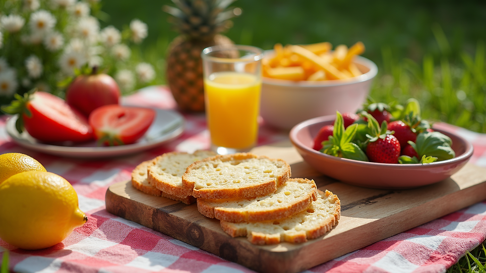 High angle view of a colorful summer picnic spread with fresh fruits and salads