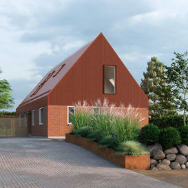 Ombygning af 90’er hus i Lyngby med ny 1. sal og arkitekttegnet facade i røde materialer.