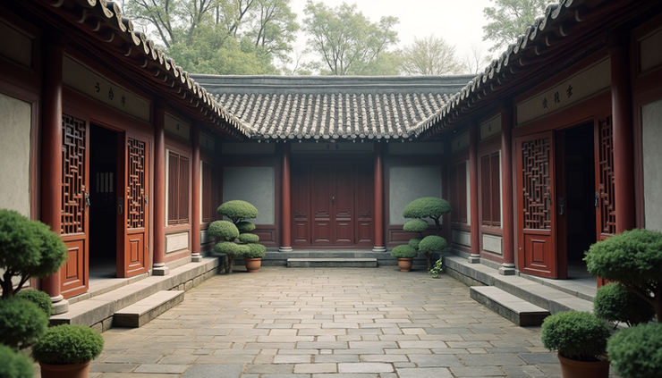 眼平视角拍摄的古代庭院布局,展现阳宅风水的空间安排