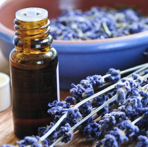 Lavender Essential Amber Bottle and Lavender Flowers.