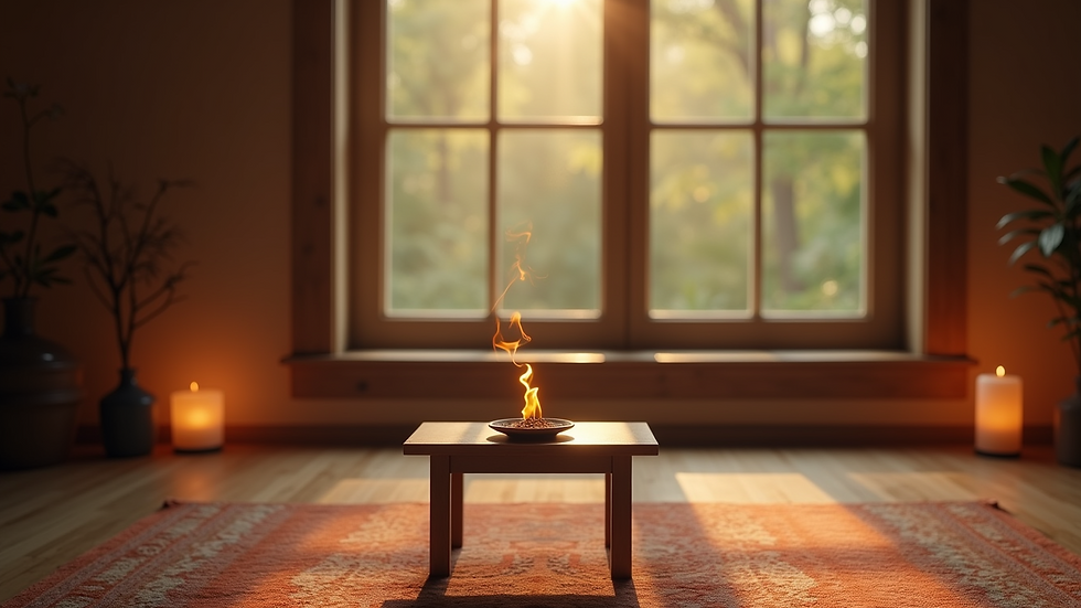 Eye-level view of a serene meditation space with Nag Champa incense burning