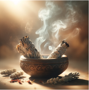 Sage Smudge burning with white smoke