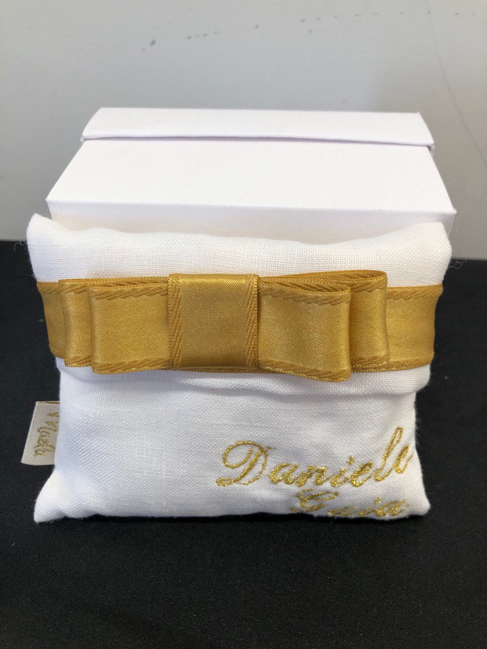 Portafoglio in Lino con nastro e Ricamo Coppia Nomi Argento o Oro