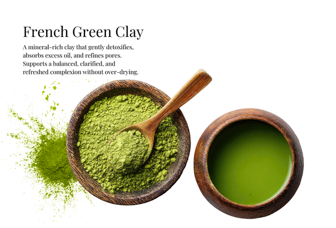 A decorative picture of the ingredient "French Green Clay" with a descriptive paragraph that reads: "A mineral-rich clay that gently detoxifies, absorbs excess oil, and refines pores. Supports a balanced, clarified, and refreshed complexion without over-drying."