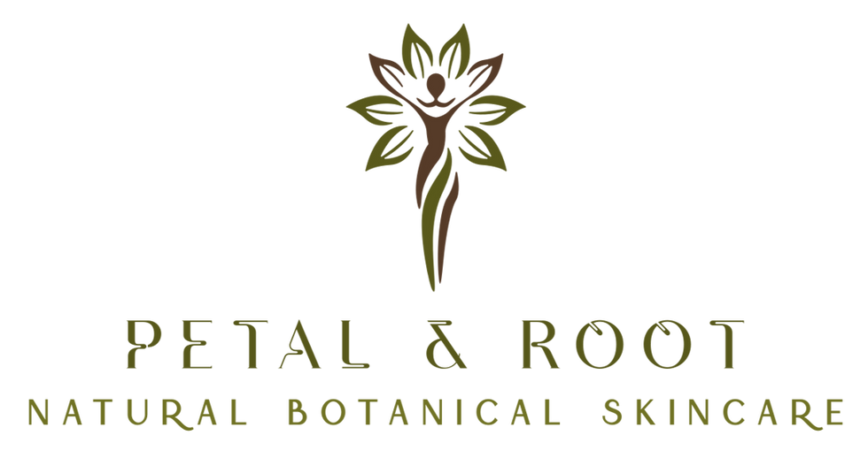 Petal & Root logo showing tree goddess with branched arms outstretched in green and brown, with logo text reading: Petal & Root, Natural Botanical Skincare