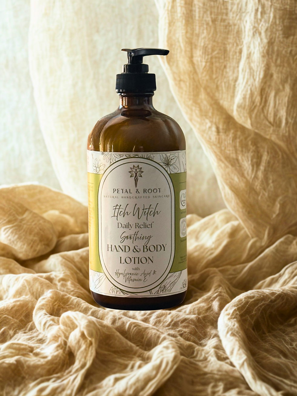 Brown lotion bottle labeled "Petal & Root" on beige fabric background, evoking a soothing and natural vibe.