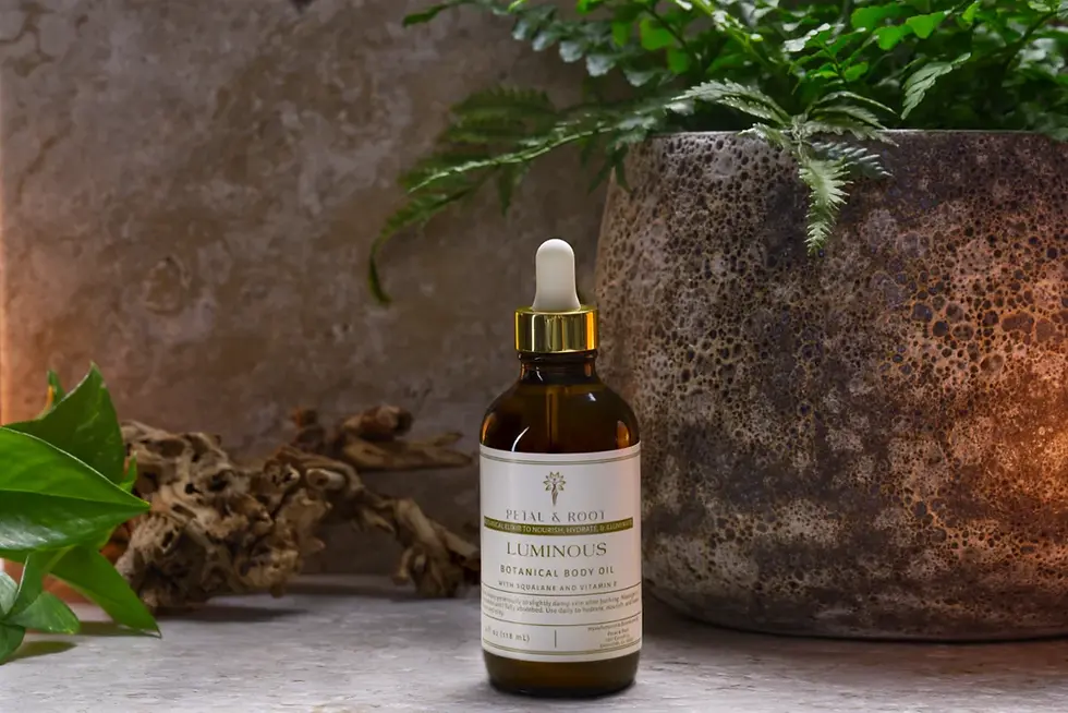 4 oz amber glass bottle of Luminous Body Oil on a stone surface, surrounded by a soft spa atmosphere.