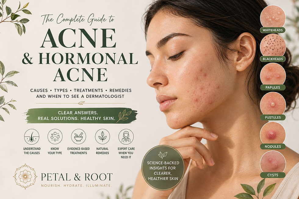 Petal & Root acne guide featuring a woman with mild facial acne, with an overview of acne causes, types, treatments, natural remedies, and dermatologist care, alongside visual examples of whiteheads, blackheads, papules, pustules, nodules, and cysts.
