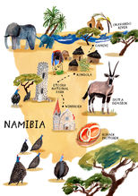 Hand painted map of Namibia by Ulrike Mieke a freelance South African Children's book Illustrator and graphic designer based in Brighton, represented by Bright. Open for commissions.