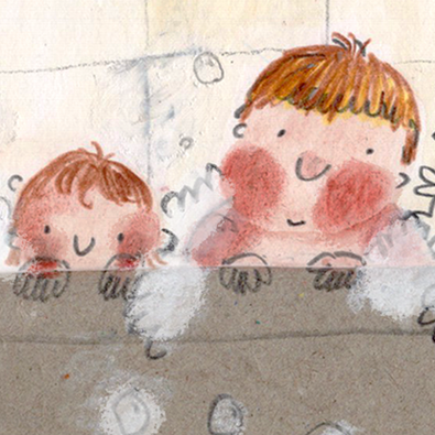 Collage, crayon and coloured pencils drawing of children in a bath by South African freelance Brighton based illustrator Ulrike Mieke