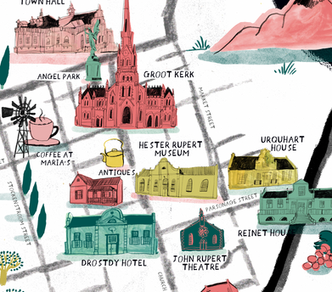 An illustrated map of Graaff-Reinet, South Africa by Brighton based Illustrator, Ulrike Mieke