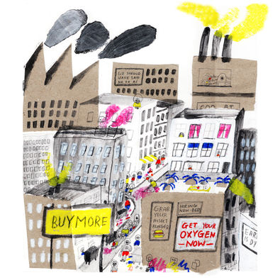 Collage, coloured pencils and crayon of the Future Forecasts them for the Cheltenham Illustration Competition, Winner of Cheltemham Competition 2024 by South African Brighton based Children's Illustrator Ulrike Mieke