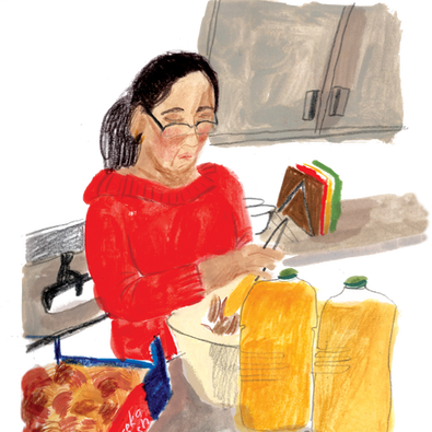 Refugee woman cooking in a London kitchen for refugee group at HTB by South African Brighton based Children's Illustrator Ulrike Mieke
