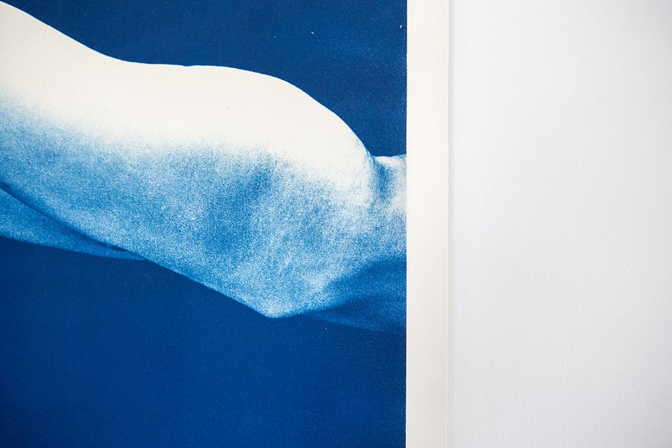 Thumbnail: Detail of “Chiaroscuro Legs 01” A0 cyanotype print showing blue tonal variation