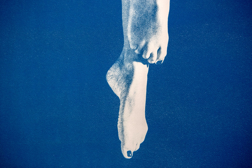 Thumbnail: Detail of “Chiaroscuro Legs 02” A0 cyanotype print showing blue tonal variation