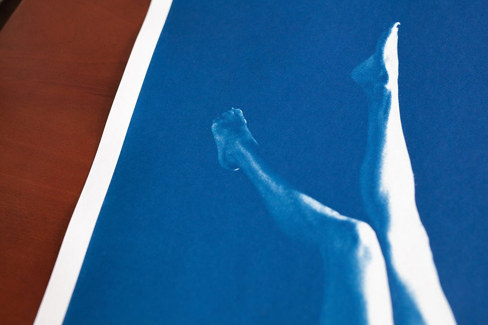 Thumbnail: Detail of “Chiaroscuro Legs 03” cyanotype print showing blue tonal variation