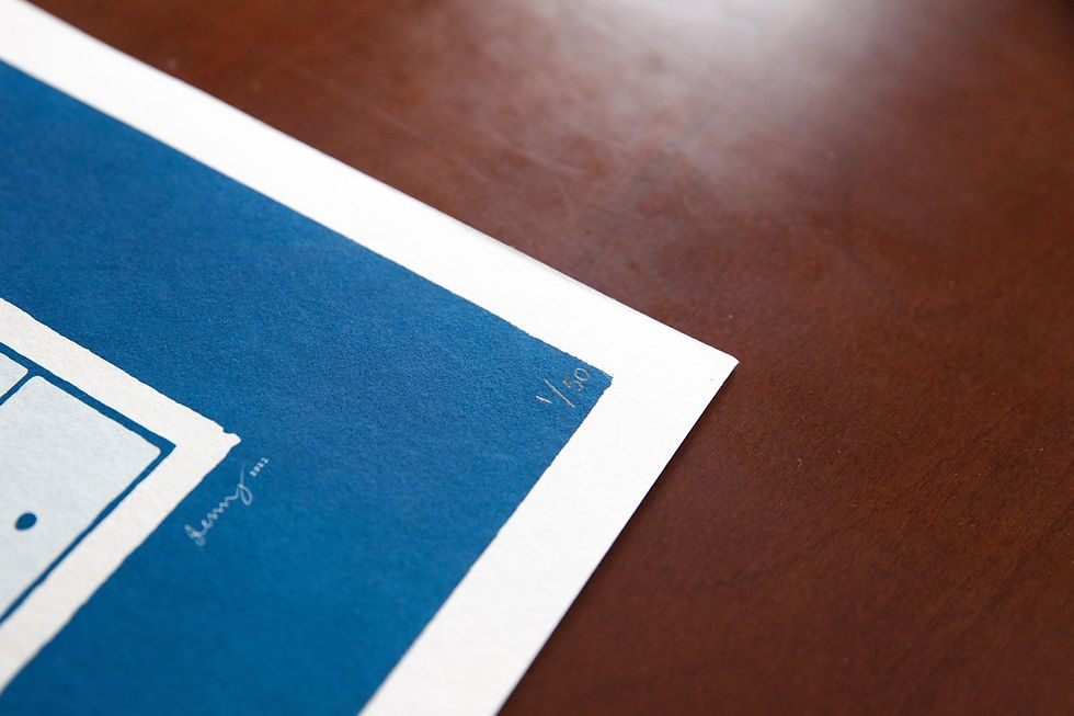 Thumbnail: Detail of “The Lovers” A2 cyanotype print showing blue tonal variation and gold leaf