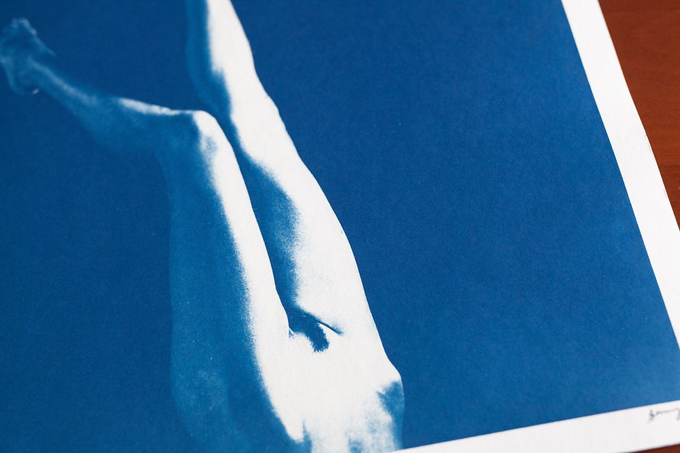 Thumbnail: Detail of “Chiaroscuro Legs 03” cyanotype print showing blue tonal variation