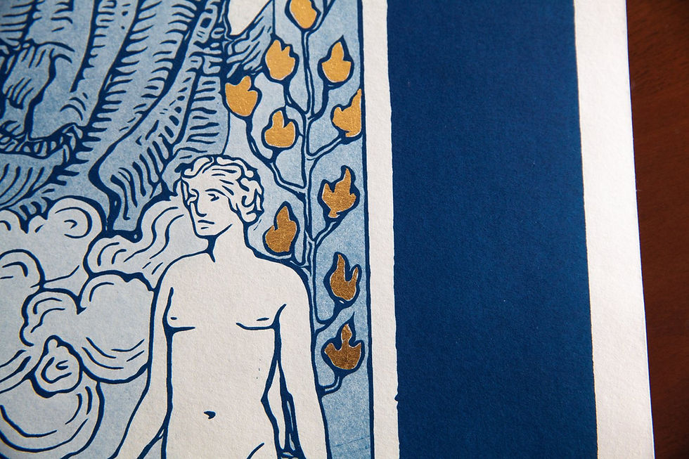 Thumbnail: Detail of “The Lovers” A2 cyanotype print showing blue tonal variation and gold leaf