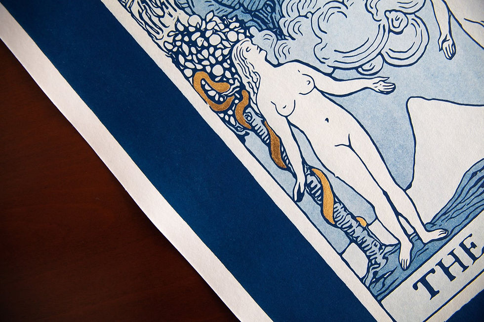 Thumbnail: Detail of “The Lovers” A2 cyanotype print showing blue tonal variation and gold leaf
