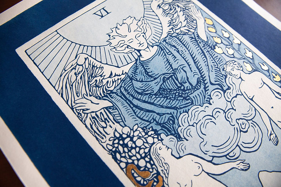 Thumbnail: Detail of “The Lovers” A2 cyanotype print showing blue tonal variation and gold leaf