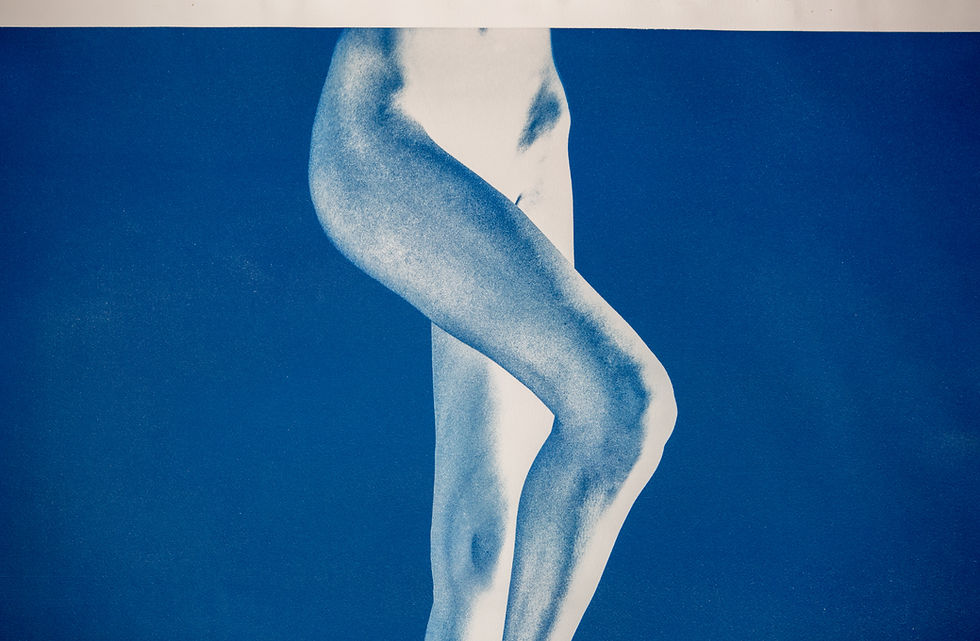 Thumbnail: Detail of “Chiaroscuro Legs 02” A0 cyanotype print showing blue tonal variation