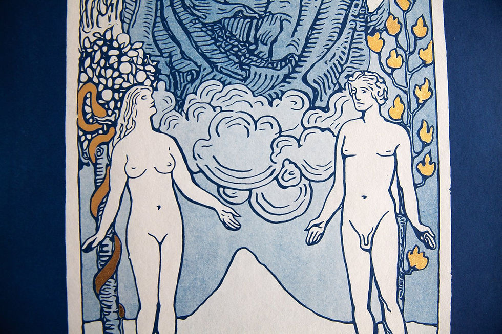 Thumbnail: Detail of “The Lovers” A2 cyanotype print showing blue tonal variation and gold leaf
