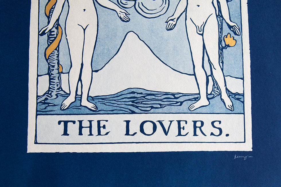 Thumbnail: Detail of “The Lovers” A2 cyanotype print showing blue tonal variation and gold leaf