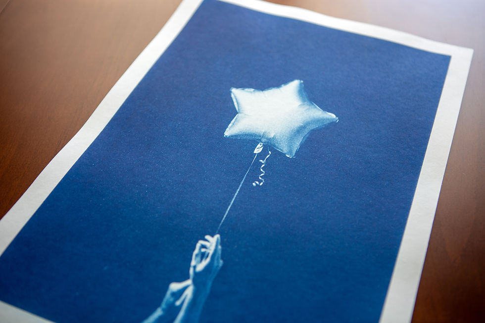 Thumbnail: Detail of “Simple Pleasures 01” cyanotype print showing blue tonal variation