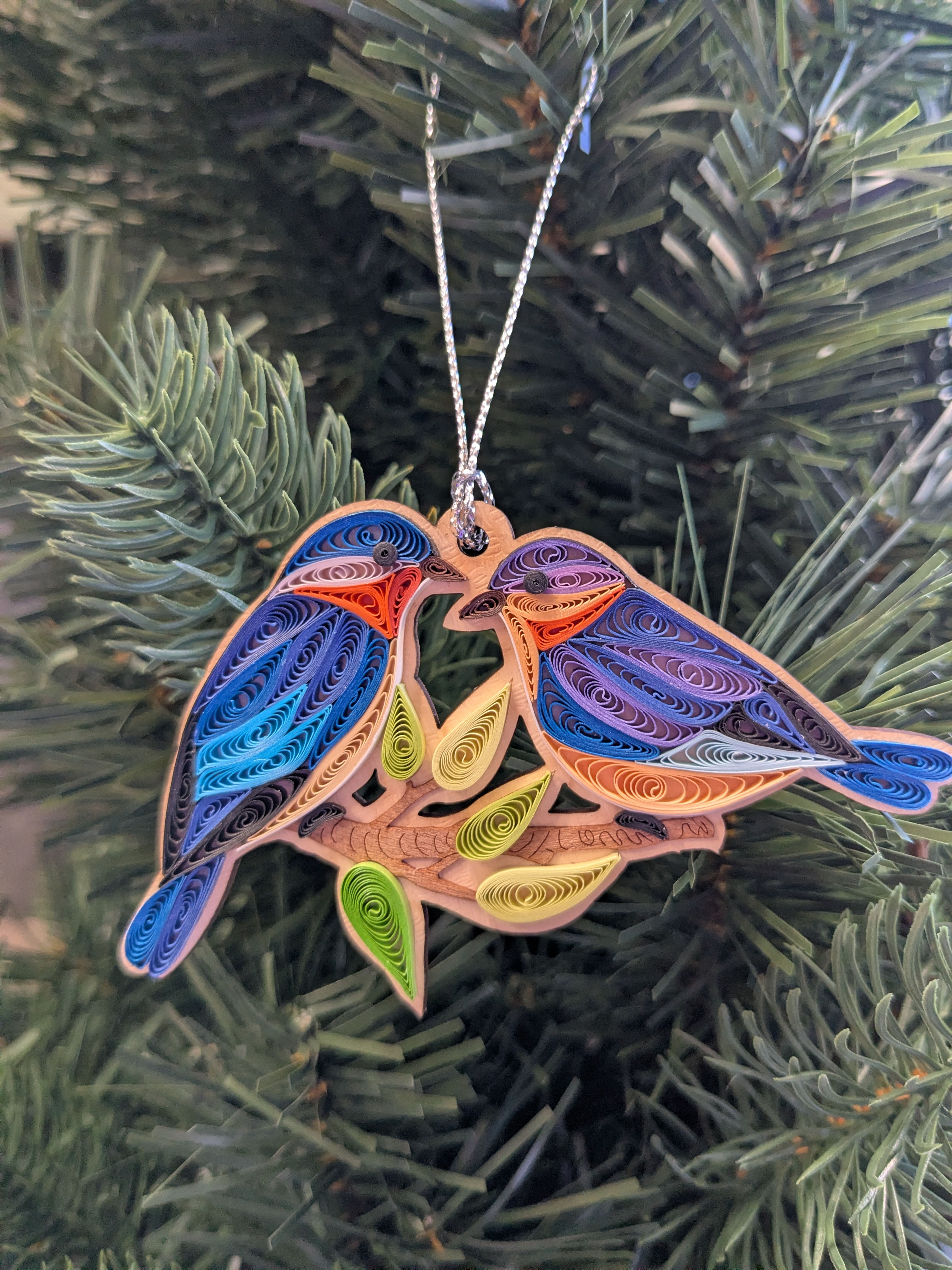 Bluebirds on a Branch Quilled Ornament