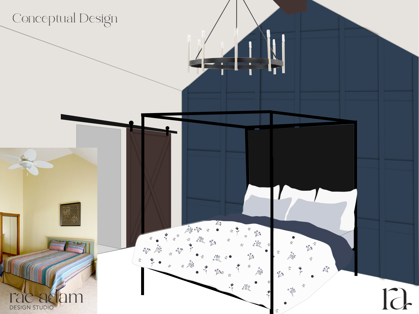 Room and Space Planning by Jonell Lay at Rae Adam Design Studio, blue custom wall feature