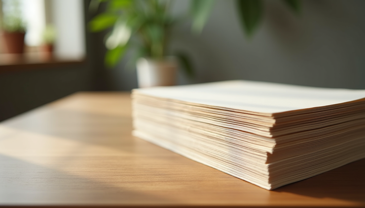 Close-up view of eco-friendly specialty paper sheets stacked on a wooden table