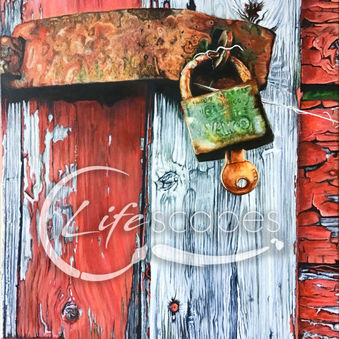 Padlocked farm door.
