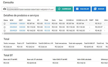 Tela do aplicativo de calculo automático do ICMS ST